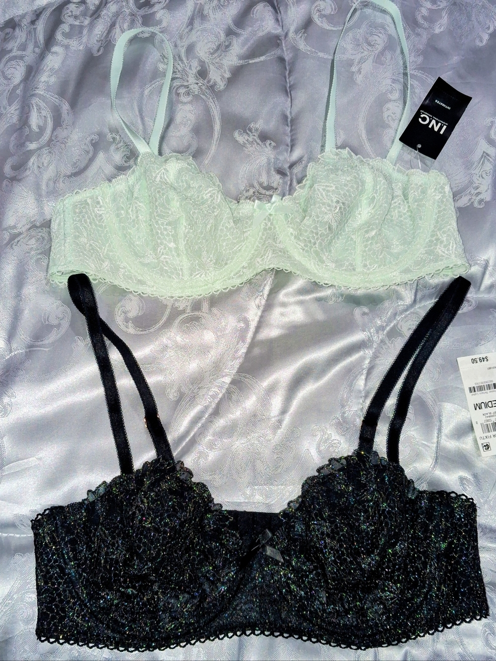 Bundle INC Metallic Mint Green and Black Shimmer Balconette Lace Bras Bow Detail